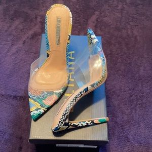 High heeled multi colored snake print mule